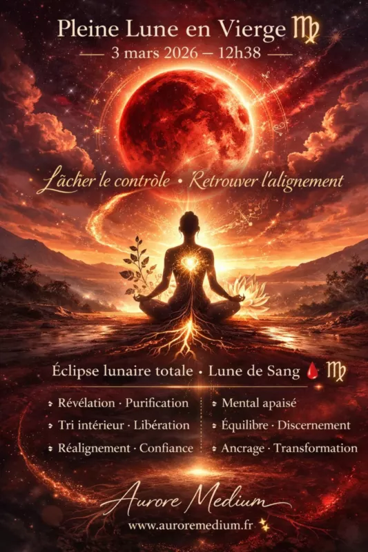 🌕 Pleine Lune en Vierge ♍️ — 3 mars 2026 à 12h38 “Lâcher le contrôle ⋅ Retrouver l’alignement.” ✨ Cette Pleine Lune en Vierge…