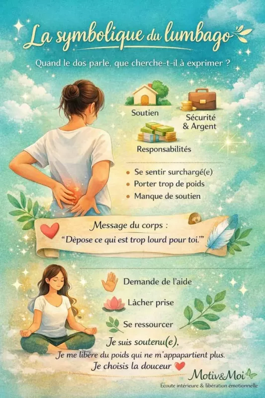 La symbolique du lumbago Quand le dos parle, que cherche-t-il à exprimer ? Le lumbago n’est pas seulement une douleur physique. Sur le plan…